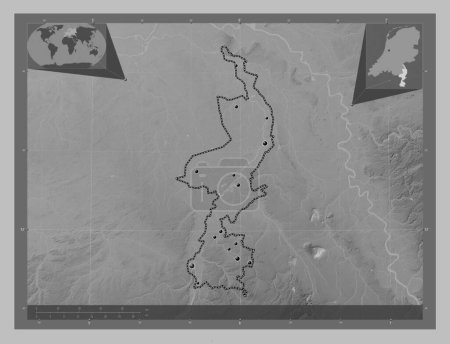 Photo for Limburg, province of Netherlands. Grayscale elevation map with lakes and rivers. Locations of major cities of the region. Corner auxiliary location maps - Royalty Free Image