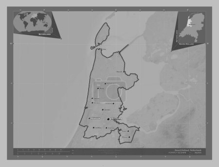 Photo for Noord-Holland, province of Netherlands. Grayscale elevation map with lakes and rivers. Locations and names of major cities of the region. Corner auxiliary location maps - Royalty Free Image