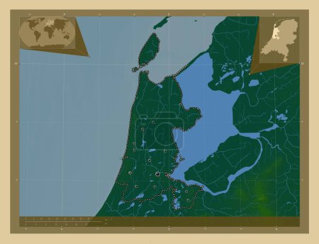 Photo for Noord-Holland, province of Netherlands. Colored elevation map with lakes and rivers. Locations of major cities of the region. Corner auxiliary location maps - Royalty Free Image