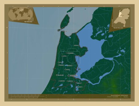Photo for Noord-Holland, province of Netherlands. Colored elevation map with lakes and rivers. Locations and names of major cities of the region. Corner auxiliary location maps - Royalty Free Image