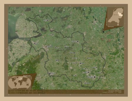 Photo for Overijssel, province of Netherlands. Low resolution satellite map. Locations and names of major cities of the region. Corner auxiliary location maps - Royalty Free Image