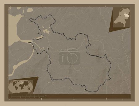 Photo for Overijssel, province of Netherlands. Elevation map colored in sepia tones with lakes and rivers. Corner auxiliary location maps - Royalty Free Image