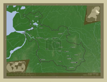 Photo for Overijssel, province of Netherlands. Elevation map colored in wiki style with lakes and rivers. Locations and names of major cities of the region. Corner auxiliary location maps - Royalty Free Image