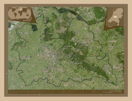 Photo for Utrecht, province of Netherlands. Low resolution satellite map. Locations and names of major cities of the region. Corner auxiliary location maps - Royalty Free Image