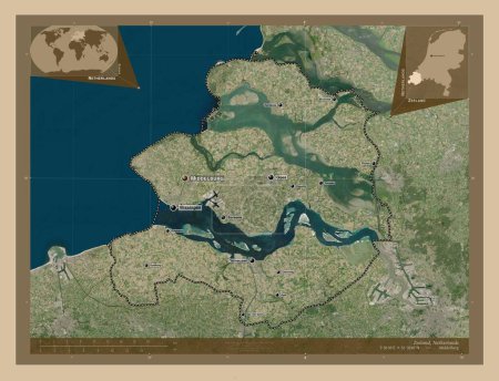 Photo for Zeeland, province of Netherlands. Low resolution satellite map. Locations and names of major cities of the region. Corner auxiliary location maps - Royalty Free Image