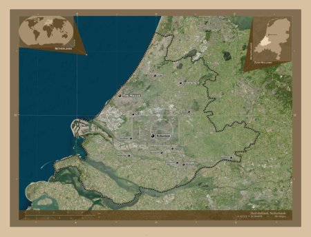 Téléchargez les photos : Zuid-Holland, province des Pays-Bas. Carte satellite basse résolution. Emplacements et noms des grandes villes de la région. Corner cartes de localisation auxiliaires - en image libre de droit