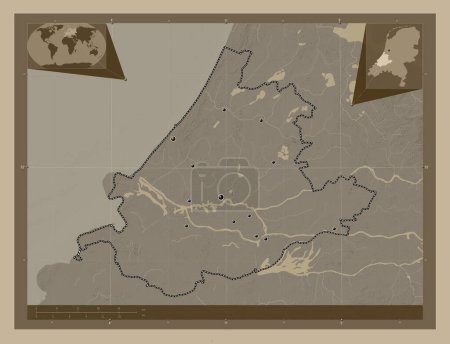 Photo for Zuid-Holland, province of Netherlands. Elevation map colored in sepia tones with lakes and rivers. Locations of major cities of the region. Corner auxiliary location maps - Royalty Free Image