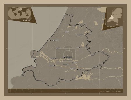 Photo for Zuid-Holland, province of Netherlands. Elevation map colored in sepia tones with lakes and rivers. Locations and names of major cities of the region. Corner auxiliary location maps - Royalty Free Image