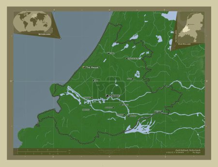 Photo for Zuid-Holland, province of Netherlands. Elevation map colored in wiki style with lakes and rivers. Locations and names of major cities of the region. Corner auxiliary location maps - Royalty Free Image
