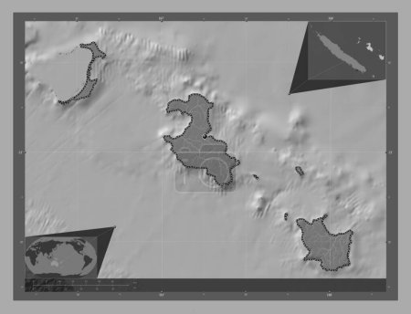 Photo for Iles Loyaute, province of New Caledonia. Bilevel elevation map with lakes and rivers. Corner auxiliary location maps - Royalty Free Image