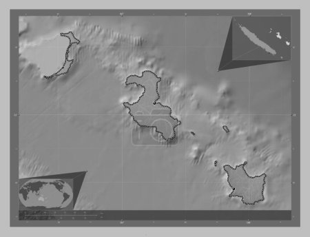 Photo for Iles Loyaute, province of New Caledonia. Grayscale elevation map with lakes and rivers. Locations of major cities of the region. Corner auxiliary location maps - Royalty Free Image