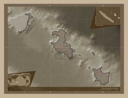 Photo for Iles Loyaute, province of New Caledonia. Elevation map colored in sepia tones with lakes and rivers. Locations and names of major cities of the region. Corner auxiliary location maps - Royalty Free Image