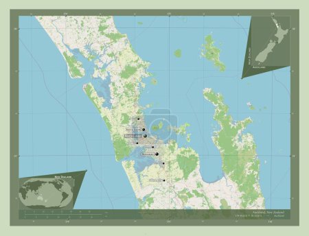 Photo for Auckland, regional council of New Zealand. Open Street Map. Locations and names of major cities of the region. Corner auxiliary location maps - Royalty Free Image