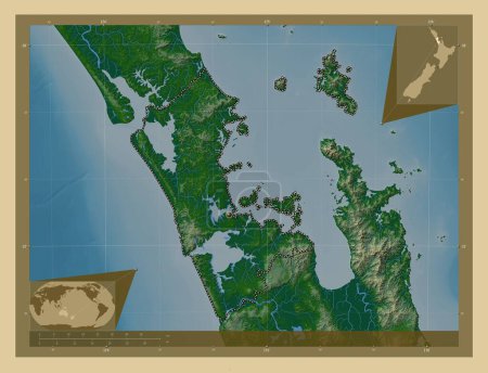 Photo for Auckland, regional council of New Zealand. Colored elevation map with lakes and rivers. Corner auxiliary location maps - Royalty Free Image