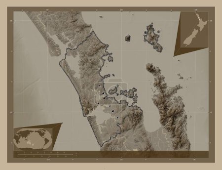 Photo for Auckland, regional council of New Zealand. Elevation map colored in sepia tones with lakes and rivers. Locations of major cities of the region. Corner auxiliary location maps - Royalty Free Image