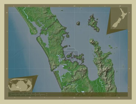 Photo for Auckland, regional council of New Zealand. Elevation map colored in wiki style with lakes and rivers. Locations of major cities of the region. Corner auxiliary location maps - Royalty Free Image
