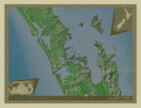 Photo for Auckland, regional council of New Zealand. Elevation map colored in wiki style with lakes and rivers. Locations and names of major cities of the region. Corner auxiliary location maps - Royalty Free Image