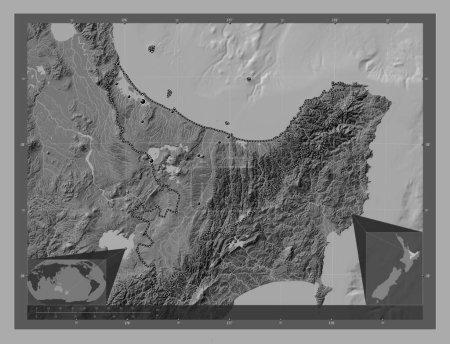 Photo for Bay of Plenty, regional council of New Zealand. Bilevel elevation map with lakes and rivers. Locations of major cities of the region. Corner auxiliary location maps - Royalty Free Image