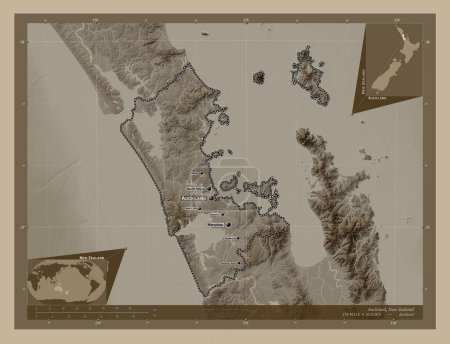 Photo for Auckland, regional council of New Zealand. Elevation map colored in sepia tones with lakes and rivers. Locations and names of major cities of the region. Corner auxiliary location maps - Royalty Free Image