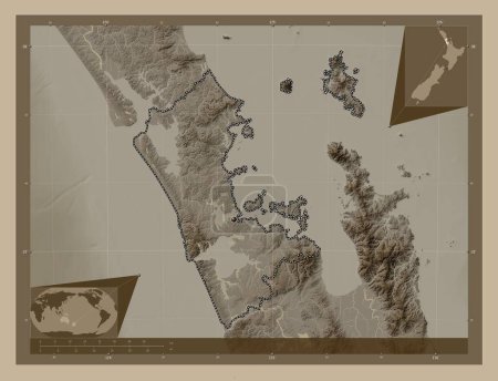 Photo for Auckland, regional council of New Zealand. Elevation map colored in sepia tones with lakes and rivers. Corner auxiliary location maps - Royalty Free Image