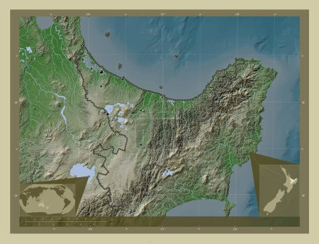 Photo for Bay of Plenty, regional council of New Zealand. Elevation map colored in wiki style with lakes and rivers. Locations of major cities of the region. Corner auxiliary location maps - Royalty Free Image