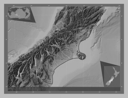 Photo for Canterbury, regional council of New Zealand. Grayscale elevation map with lakes and rivers. Locations of major cities of the region. Corner auxiliary location maps - Royalty Free Image