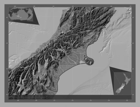 Photo for Canterbury, regional council of New Zealand. Bilevel elevation map with lakes and rivers. Corner auxiliary location maps - Royalty Free Image