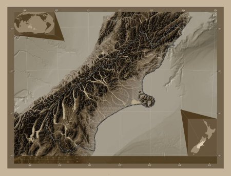 Photo for Canterbury, regional council of New Zealand. Elevation map colored in sepia tones with lakes and rivers. Corner auxiliary location maps - Royalty Free Image