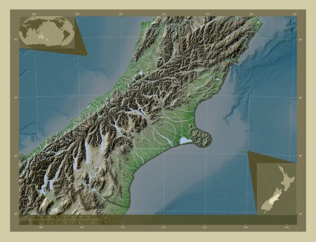 Photo for Canterbury, regional council of New Zealand. Elevation map colored in wiki style with lakes and rivers. Corner auxiliary location maps - Royalty Free Image