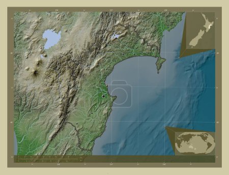 Téléchargez les photos : Hawke's Bay, conseil régional de Nouvelle-Zélande. Carte d'altitude colorée dans le style wiki avec des lacs et des rivières. Emplacements des grandes villes de la région. Corner cartes de localisation auxiliaires - en image libre de droit