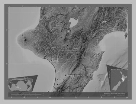 Photo for Manawatu-Wanganui, regional council of New Zealand. Grayscale elevation map with lakes and rivers. Locations and names of major cities of the region. Corner auxiliary location maps - Royalty Free Image