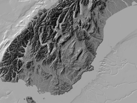 Téléchargez les photos : Otago, conseil régional de Nouvelle-Zélande. Carte d'altitude de Bilevel avec lacs et rivières - en image libre de droit