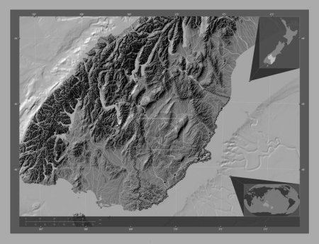Photo for Otago, regional council of New Zealand. Bilevel elevation map with lakes and rivers. Locations of major cities of the region. Corner auxiliary location maps - Royalty Free Image