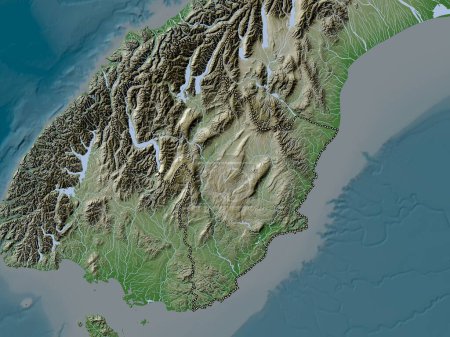Téléchargez les photos : Otago, conseil régional de Nouvelle-Zélande. Carte d'altitude colorée dans le style wiki avec des lacs et des rivières - en image libre de droit
