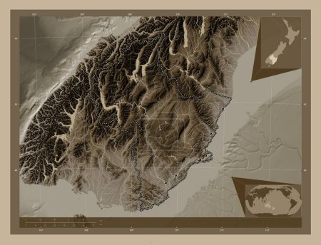Photo for Otago, regional council of New Zealand. Elevation map colored in sepia tones with lakes and rivers. Locations of major cities of the region. Corner auxiliary location maps - Royalty Free Image
