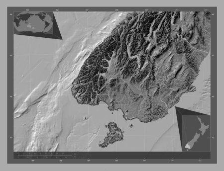 Photo for Southland, regional council of New Zealand. Bilevel elevation map with lakes and rivers. Corner auxiliary location maps - Royalty Free Image