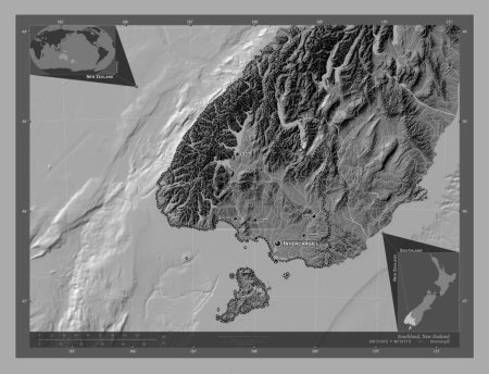 Photo for Southland, regional council of New Zealand. Bilevel elevation map with lakes and rivers. Locations and names of major cities of the region. Corner auxiliary location maps - Royalty Free Image