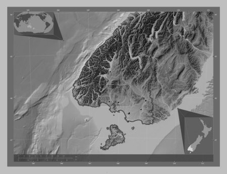 Photo for Southland, regional council of New Zealand. Grayscale elevation map with lakes and rivers. Locations of major cities of the region. Corner auxiliary location maps - Royalty Free Image