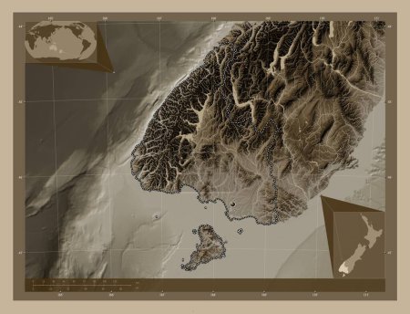Photo for Southland, regional council of New Zealand. Elevation map colored in sepia tones with lakes and rivers. Corner auxiliary location maps - Royalty Free Image