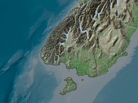 Téléchargez les photos : Southland, conseil régional de Nouvelle-Zélande. Carte d'altitude colorée dans le style wiki avec des lacs et des rivières - en image libre de droit