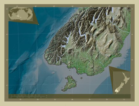 Southland, consejo regional de Nueva Zelanda. Mapa de elevación coloreado en estilo wiki con lagos y ríos. Ubicaciones de las principales ciudades de la región. Mapas de ubicación auxiliares de esquina