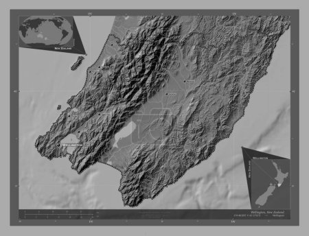 Photo for Wellington, regional council of New Zealand. Bilevel elevation map with lakes and rivers. Locations and names of major cities of the region. Corner auxiliary location maps - Royalty Free Image