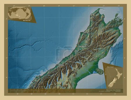 Téléchargez les photos : Côte Ouest, conseil régional de Nouvelle-Zélande. Carte d'altitude colorée avec lacs et rivières. Emplacements et noms des grandes villes de la région. Corner cartes de localisation auxiliaires - en image libre de droit