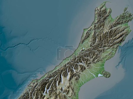 Téléchargez les photos : Côte Ouest, conseil régional de Nouvelle-Zélande. Carte d'altitude colorée dans le style wiki avec des lacs et des rivières - en image libre de droit