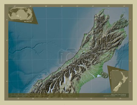 Photo for West Coast, regional council of New Zealand. Elevation map colored in wiki style with lakes and rivers. Locations and names of major cities of the region. Corner auxiliary location maps - Royalty Free Image