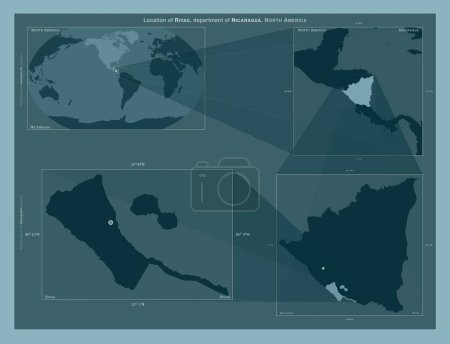 Foto de Rivas, departamento de Nicaragua. Diagrama que muestra la ubicación de la región en mapas a gran escala. Composición de marcos vectoriales y formas PNG sobre un fondo sólido - Imagen libre de derechos