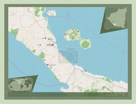 Foto de Rivas, departamento de Nicaragua. Open Street Map. Ubicaciones y nombres de las principales ciudades de la región. Mapas de ubicación auxiliares de esquina - Imagen libre de derechos