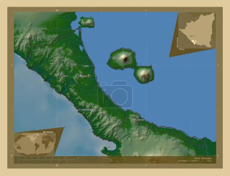 Foto de Rivas, departamento de Nicaragua. Mapa de elevación de colores con lagos y ríos. Ubicaciones y nombres de las principales ciudades de la región. Mapas de ubicación auxiliares de esquina - Imagen libre de derechos