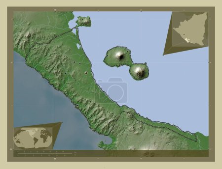 Foto de Rivas, departamento de Nicaragua. Mapa de elevación coloreado en estilo wiki con lagos y ríos. Ubicaciones de las principales ciudades de la región. Mapas de ubicación auxiliares de esquina - Imagen libre de derechos
