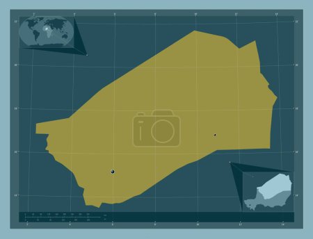 Foto de Agadez, departamento de Níger. Forma de color sólido. Ubicaciones de las principales ciudades de la región. Mapas de ubicación auxiliares de esquina - Imagen libre de derechos